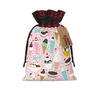 Sweet Ice Cream Christmas Drawstring Linen Gift Bag Paired With Scottish Plaid Fabric, With A Delicate And Simple Texture