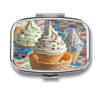 Sweet Ice Cream Pill Case 2 Compartments Travel Pill Organizer for Pocket Small Pill Box Portable Pill Container Metal Medication Holder to Hold Vitamin Fish Oil Supplement