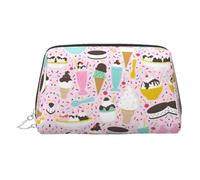 Sweet Ice Cream Print Leather Cosmetic Pouch, Leather Makeup Bag for Purse with Top Zip Closure Stylish Toiletry Bag