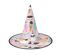Sweet Ice Cream Print Teens Adults Halloween Witch Hat Unisex Cap For Wide Brim Carnivals Party Accessory