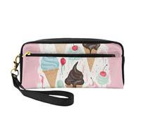 Sweet Ice Cream Printed Leather Makeup Bags with Wrist Strap Portable Travel Toiletry Bag Cosmetic Organizer Bag for Women