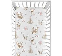 Sweet Jojo Designs Blush Pink, Mint Green and White Boho Baby or Toddler Fitted Crib Sheet for Woodland Deer Floral Collection