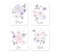 Sweet Jojo Designs Lavender Purple, Pink Grey and White Wall Art Prints Room Decor for Baby, Nursery, and Kids for Watercolor Floral Collection - Set of 4 - Peace, Love, Joy, Bliss