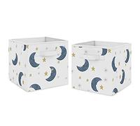 Sweet Jojo Designs Moon and Star Foldable Fabric Storage Cube Bins Boxes Organizer Toys Kids Baby Children's - Set of 2 - Navy Blue and Gold Watercolor Celestial Sky Gender Neutral Outer Space Galaxy