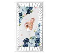 Sweet Jojo Designs Navy Blue and Pink Watercolor Floral Girl Fitted Crib Sheet Baby or Toddler Bed Nursery Photo Op - Blush, Green and White Shabby Chic Rose Flower