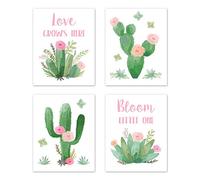 Sweet Jojo Designs Pink and Green Boho Wall Art Prints Room Decor for Baby, Nursery, and Kids for Watercolor Cactus Floral Collection - Set of 4 - Love Grows Here, Bloom Little One