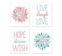 Sweet Jojo Designs Turquoise and Coral Floral Wall Art Prints Room Decor for Baby, Nursery, and Kids for Emma Collection - Set of 4 - Live Laugh Love