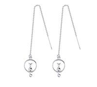 Sweet kitten Cat Sit on the Round Circle Pendant Drop Dangle Earrings Long Link Ear Line