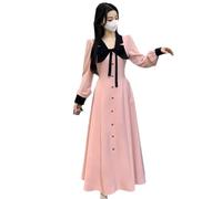 Sweet Lapel Long Sleeve Lace-Up Dress Women's Contrast Color Stitching Pink Shirt Dress Pink 3XL
