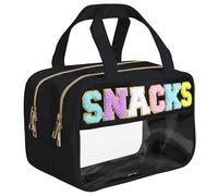 sweet lion Chenille Letter Clear Large Makeup Bag, Preppy Cosmetic Bag Clear Snack Bags with Zipper,Stuff Bag Waterproof Bag Travel Toiletry Bag Cosmetic Pouch for Women Girls, Black-SNACKS, Travel