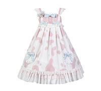 Sweet Lolita Dress for Teen Girls Kawaii Cow Print Sleeveless JSK Lace Princess Cosplay Party Dresses, Pink, Large