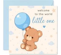 Sweet New Baby Card - A Warm Welcome for a Little Bundle - Cute Teddy Bear with Blue Balloon and Pastel Stars - 145mm Square, Envelope Included