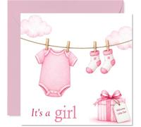 Sweet New Baby Card, Bundle of Joy on the Way | Pastel Pink Onesie and Socks on a Clothesline Design, A Delightful Way to Welcome a Little Girl, 145mm Square