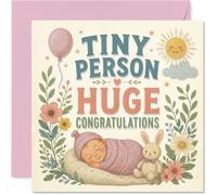 Sweet New Baby Card - Tiny Bundle, Big Smiles - Adorable Sleeping Baby with Bunny, Flowers and Sun - 145mm Square, Envelope Included