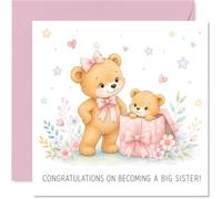 Sweet New Baby Card, Welcome to Big Sisterhood | Watercolour Teddy Bears and Pastel Gift Box, A Charming Way to Celebrate a New Sibling, 145mm Square, Envelope Included