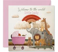 Sweet New Baby Card - Welcome to the World, Little Lady - Pastel Safari Animals with a Rainbow and Pram - 145mm Square, Envelope Included