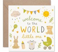 Sweet New Baby Card - Whimsical Welcome to the World - Cheerful Hand-drawn Bunnies, Teddies and Baby Bits - 145mm Square, Envelope Included