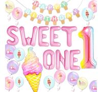Sweet One Birthday Decorations for Baby Girl 1st Birthday Party Decor Set with Balloon Backdrop Garland Banner Donut Ice Cream Themed Party Supplies