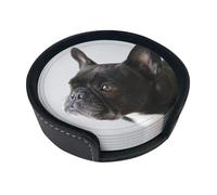 Sweet Pet Cute Black French Bulldog Puppy,Set of 6 Round Coasters, Pu Leather Drinks Coasters with Holder for Home Office Kitchen