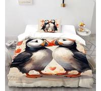 Sweet Puffin Kiss Romance Bedding Set 3D Printed Wildlife Forest Animal Theme Duvet Cover Set 2 Pieces Microfiber Quilt Cover Suitable for All Seasons with Pillowcase Single（135x200cm）