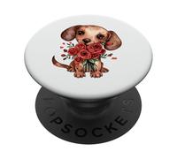 Sweet Puppy Dog Holding Red Roses Floral Watercolor Design PopSockets Adhesive PopGrip