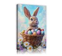 Sweet Rabbit Colorful Eggs Print on Canvas Spring Daisies Artwork Sunny Nature Scenery Mural Framed Modern Art Artwork for Gym Porch Decor 60x90cm