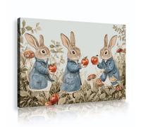 Sweet Rabbits Blue Jackets Print on Canvas Holding Red Apples Artwork Mushroom Forest Mural Framed for Guest Room Study Modern Home Decor 30x45cm