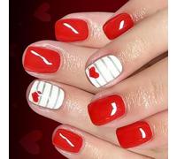 Sweet Red Heart Silver Stripe Presses on Nails 24pcs Glossy Square False Nails for Valentines Day Parties and Dating Shining Red Love Nail Art