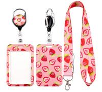 Sweet Retractable Lanyard Card Holder Set with Stylish Strawberry Design - Durable, Reusable Badge Holder with Neck Strap for ID Cards, Access Cards, Work Badges (3 in 1)