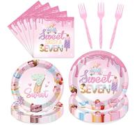 Sweet Sassy and Seven Birthday Decorations Tableware - 7th Birthday Decoration for Girls Disposable Paper Plates and Napkins Decor 7 Years Old Girl Forks Supplies Serve 24