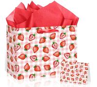 Sweet Strawberry Gift Bag with Card & 3 Sheets Red Tissue Paper, Cute Pink Gingham Checked Present Bag for Girls, Large Luxury Berry Theme Wrap for Baby Shower, Picnic Party, 1st Birthday
