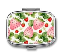 Sweet Strawberry Pill Box 2 Compartments Portable Travel Pill Case Mini Medicine Organizer for Pocket Purse Metal Waterproof Medicine Container Holder Vitamin Fish Oil