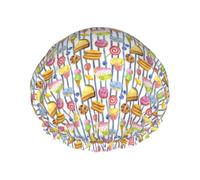 Sweet Striped Doughnuts Sugar Blueberry Cake Reusable Shower Cap Bath Cap Double Waterproof Layers Bathing Hat