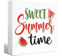 Sweet Summer Time Watermelon Wooden Block Sign Wood Box Sign Rustic Block Plaque for Wall Tabletop Desk Office Shelf Table Bedroom Bathroom Home Decor 5x5 Inch