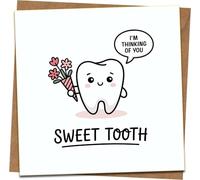 Sweet Tooth Thinking of You Card, Cute Pun Greeting with Cartoon Tooth & Flowers, 145mm x 145mm, Includes Kraft Envelope, Funny Dentist Get Well Friendship