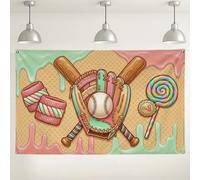 Sweet Treats Baseball Theme Backdrop, Colorful Candy Dessert Party Decorations, Fun Ice Cream Photography Background for Events & Celebrations 71x43 Inch