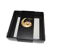 Sweet Treats Packaging Clear Lid Biscuit/Truffle/Sweets/Dates Box with Ramadan/Eid Sleeves - Multiple sizes and designs - 10 Pack (Black Box with Black Ramadan Sleeve, 15x15x3.5cm)