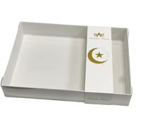 Sweet Treats Packaging Clear Lid Biscuit/Truffle/Sweets/Dates Box with Ramadan/Eid Sleeves - Multiple sizes and designs - 10 Pack (White Box with White Ramadan Sleeve, 26x20x5cm)