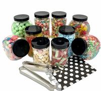 Sweet Tree Celebrations Candy Buffet Pick & Mix Jars -Set of 10 Mini Jars with Flat Coloured Lids, 2 x Metal Tongs & 50 x Black Striped or Polka Dot Paper Bags (10jar Mini Kit Black Polka Dot)