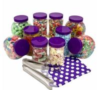 Sweet Tree Celebrations Candy Buffet Pick & Mix Jars -Set of 10 Mini Jars with Flat Coloured Lids, 2 x Metal Tongs & 50 Purple Striped or Polka Dot x Paper Bags (10jar Mini Kit Purple Polka Dot)