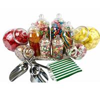 Sweet Tree Celebrations Candy Buffet Pick & Mix Jars - Set of 10 Mixed Jars with Victorian Bobble Lids, 2 x Metal Tongs, Scoops & 100 x Dark Green Striped Paper Bags