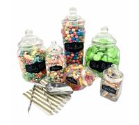Sweet Tree Celebrations Candy Buffet Pick & Mix Jars- Set of 6 Assorted sizes with Victorian Bobble Lids, Blackboard Stickers, Chalk Pencil, Metal Scoop & Tong and 50 x Paper Bags (Gold)