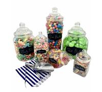 Sweet Tree Celebrations Candy Buffet Pick & Mix Jars- Set of 6 Assorted sizes with Victorian Bobble Lids, Blackboard Stickers, Chalk Pencil, Metal Scoop & Tong and 50 x Paper Bags (Dark Blue)