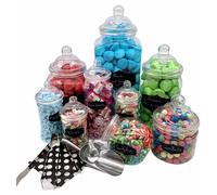 Sweet Tree Celebrations Sweet Candy Buffet Pick & Mix Jars- Set of 9 Assorted sizes with Victorian Bobble Lids, Blackboard Stickers, Chalk Pencil, Metal Scoop & Tong and 50 x Polka Dot Paper Bags