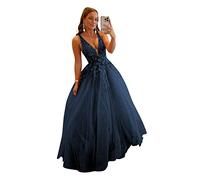 Sweet Tulle Princess Prom Dresses Deep V-Neck Backless Ball Gowns Long Lace Applique Quinceanera Dress for Teens Navy Blue