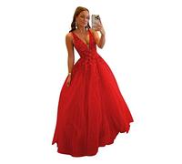 Sweet Tulle Princess Prom Dresses Deep V-Neck Backless Ball Gowns Long Lace Applique Quinceanera Dress for Teens Red