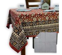 Sweet Us Marigold Bloom Cotton Block Print Tablecloth and One Gray Napkin, Floral Kitchen Dining Table Cloth, Table Cover for Indoor and Outdoors, Ruby Terracotta, 60 x 90 in