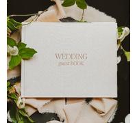 Sweet Water Decor Wedding Guest Book - Elegant Tan Fabric Cover with Gold Foil Details, 9.2 x 7.2", 100 Unlined Sheets (200 Pages), Ribbon Bookmark, Ideal for Spring Weddings and Special Events