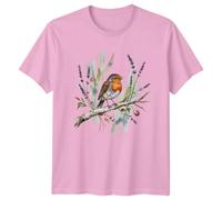 Sweet Watercolor Robin Bird and Lavender Flowers Design Womens T-Shirt Botanical Wildlife Nature for Her L