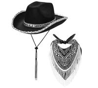 SWEETBIUTI Black Cowgirl Hat with Fringed Bandana 2Pcs/Set Wide Brim Curved Edge Sequins One Size Western Cowboy Hat for Cosplay, Halloween Costumes